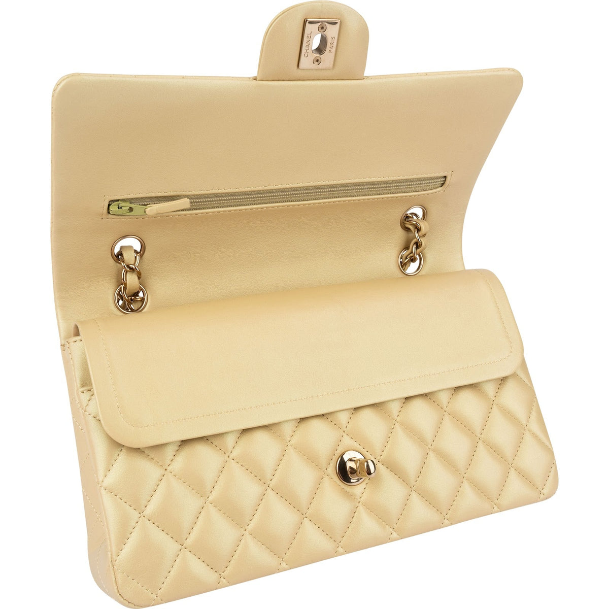 Chanel Gold Shimmering Quilted Lambskin Medium Double Flap Shoulder Bag