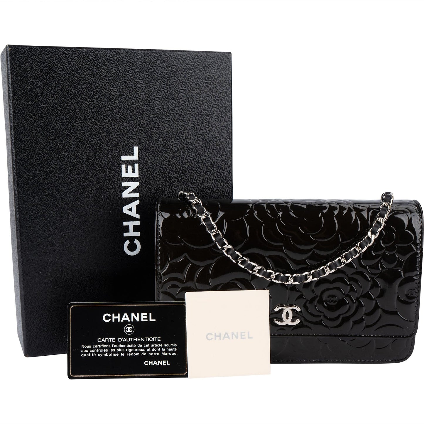 Chanel Patent Embossed Leather Camellia Wallet On Chain Crossbody Bag