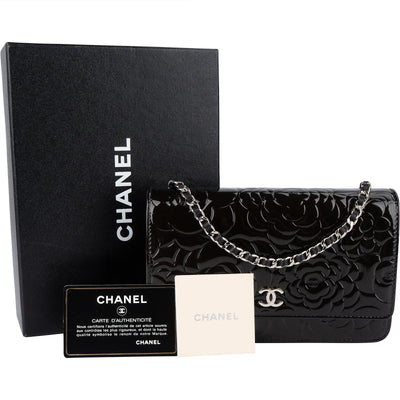 Chanel Patent Embossed Leather Camellia Wallet On Chain Crossbody Bag