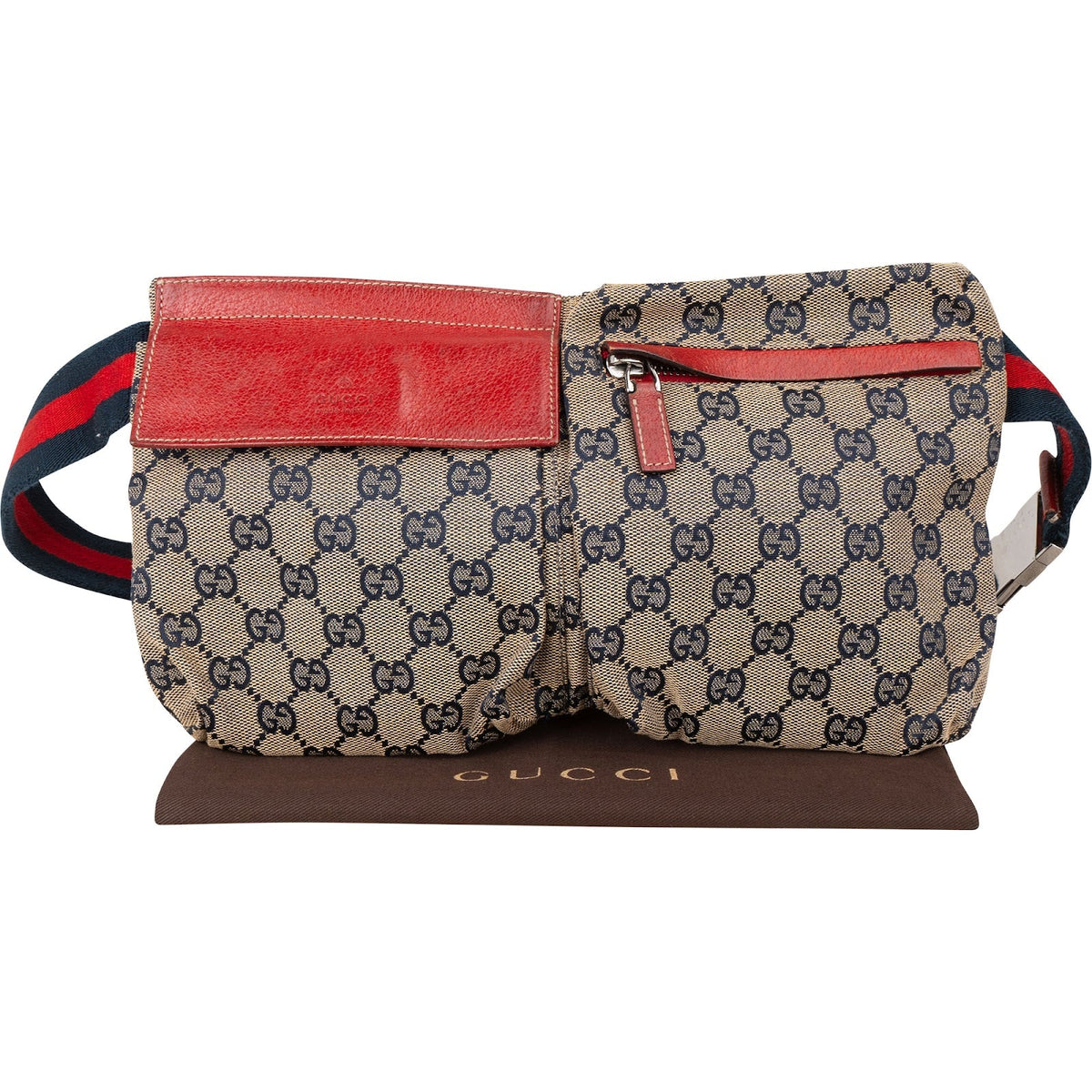 Gucci Grained Leather Monogram GG Canvas Web Stripe Crossbody Belt Bag