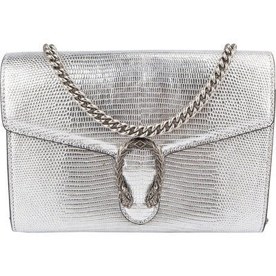Gucci Lizard-Embossed Metallic Leather Dionysus Wallet On Chain Crossbody Bag