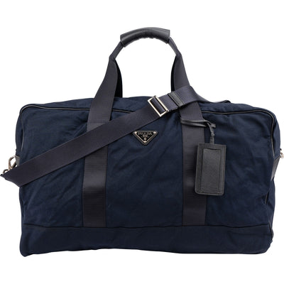Prada Bleu Tessuto Saffiano Trim Leather Duffle Weekender 50 Shoulder Bag