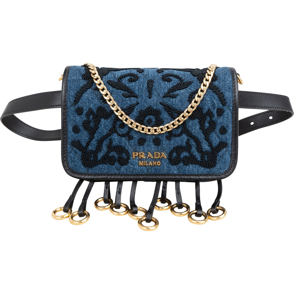 Prada Cahier Belt Bag aus besticktem Denim – Vorderansicht