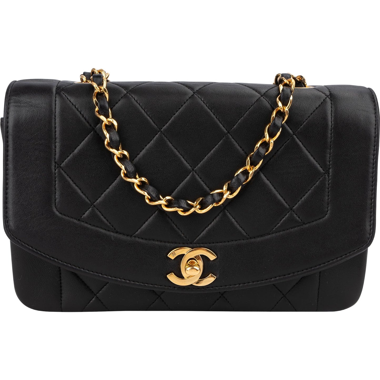 Chanel Quilted Lambskin Diana 24K Gold Single Flap Crossbody Bag