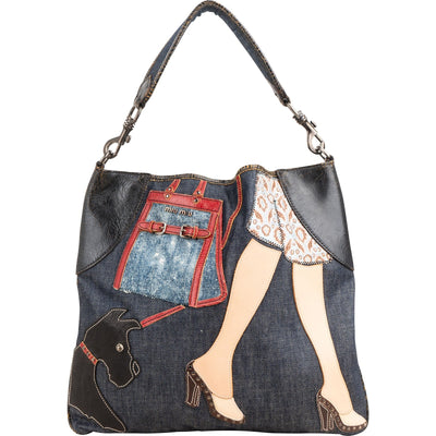 Miu Miu Denim Patch Applique Patchwork Shopper Shoulder Bag