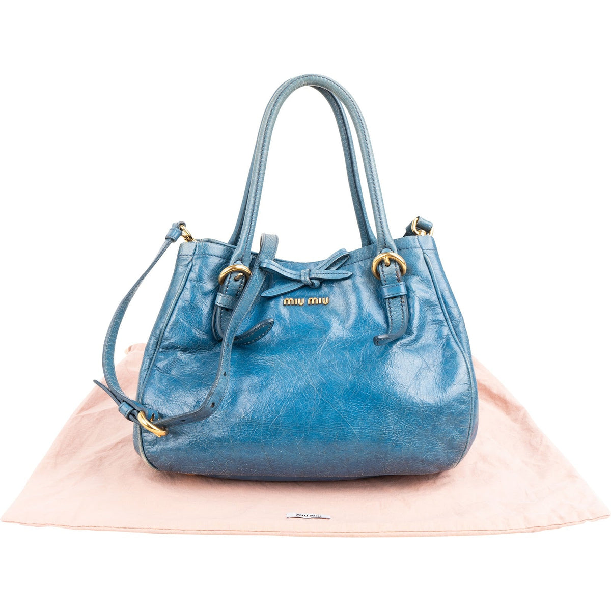 Miu Miu Blue Vitello Lux Leather Small Front Bow Handbag
