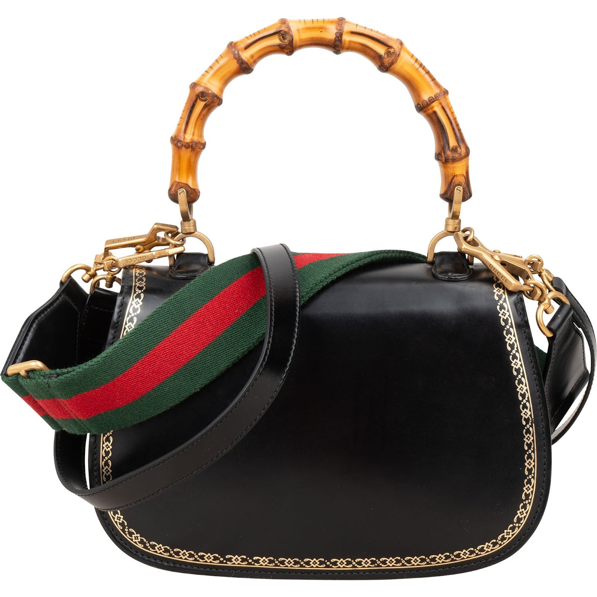 Gucci Black Leather Monogram Bamboo Top Handle 1947 Handbag