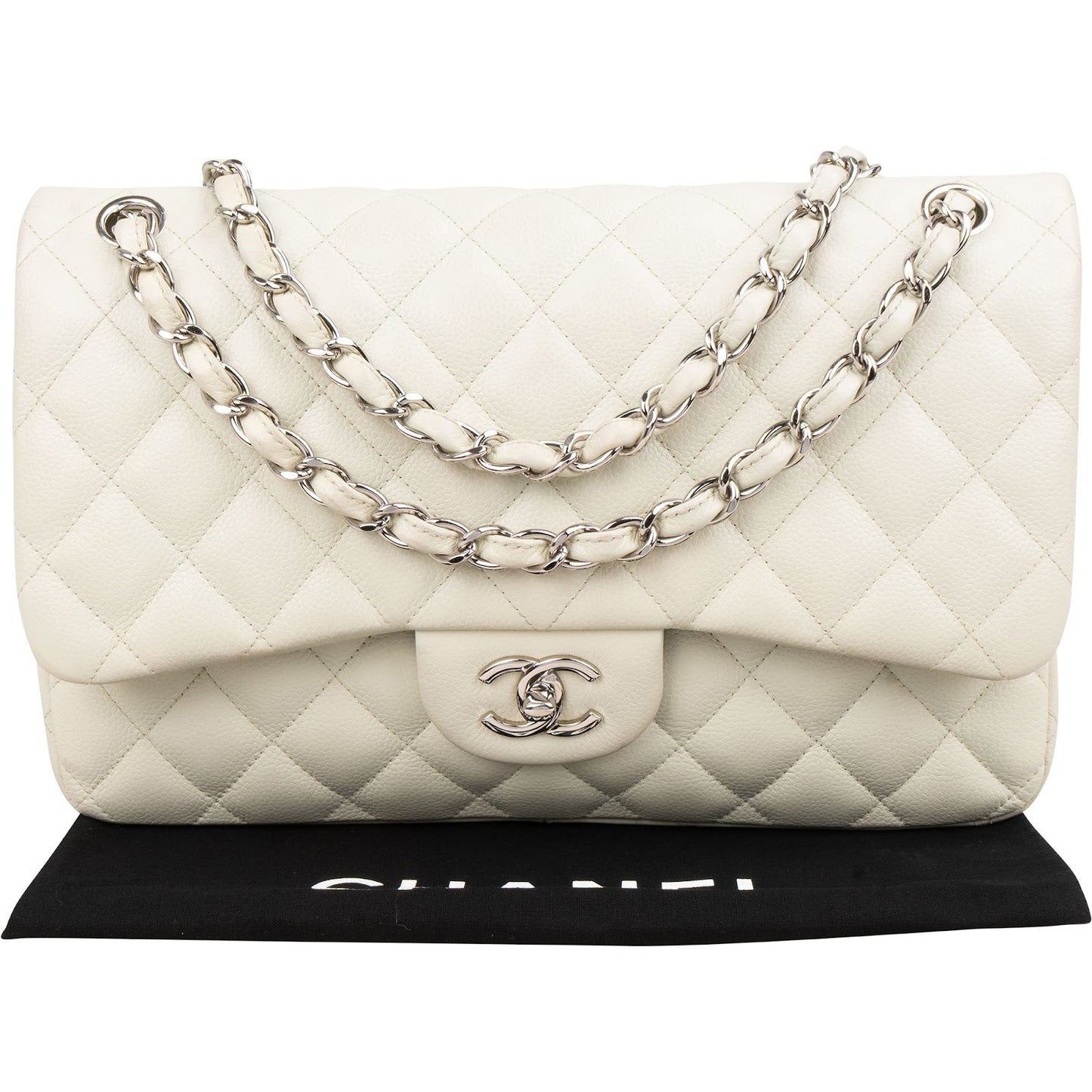 Chanel Quilted Caviar Leather Palladium Jumbo Double Flap Crossbody Bag