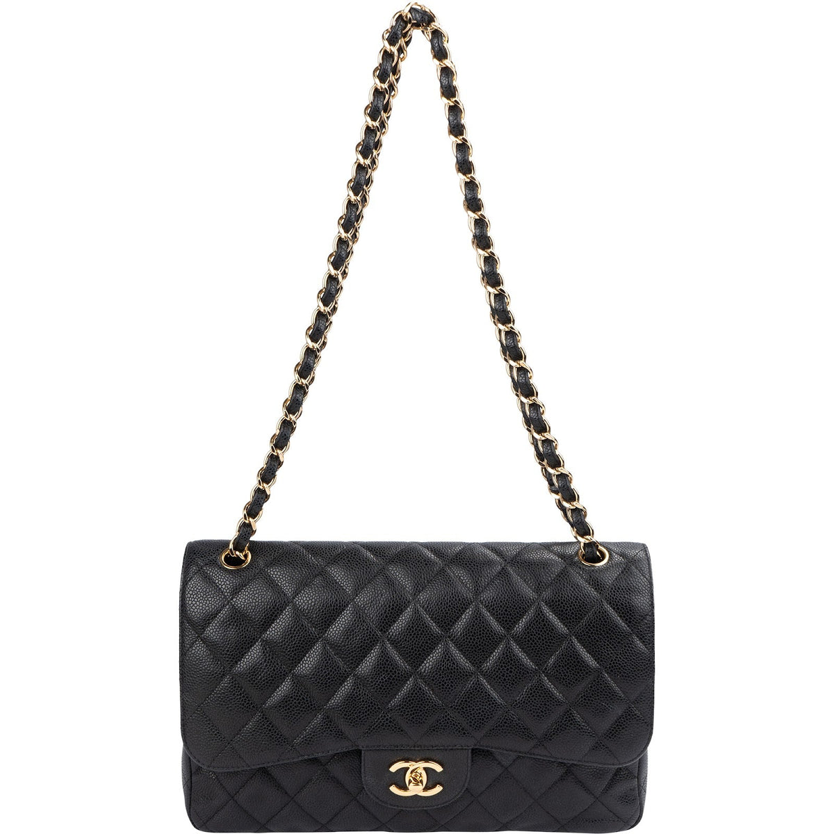 Chanel Quilted Caviar Leather Gold Jumbo Double Flap Crossbody Bag