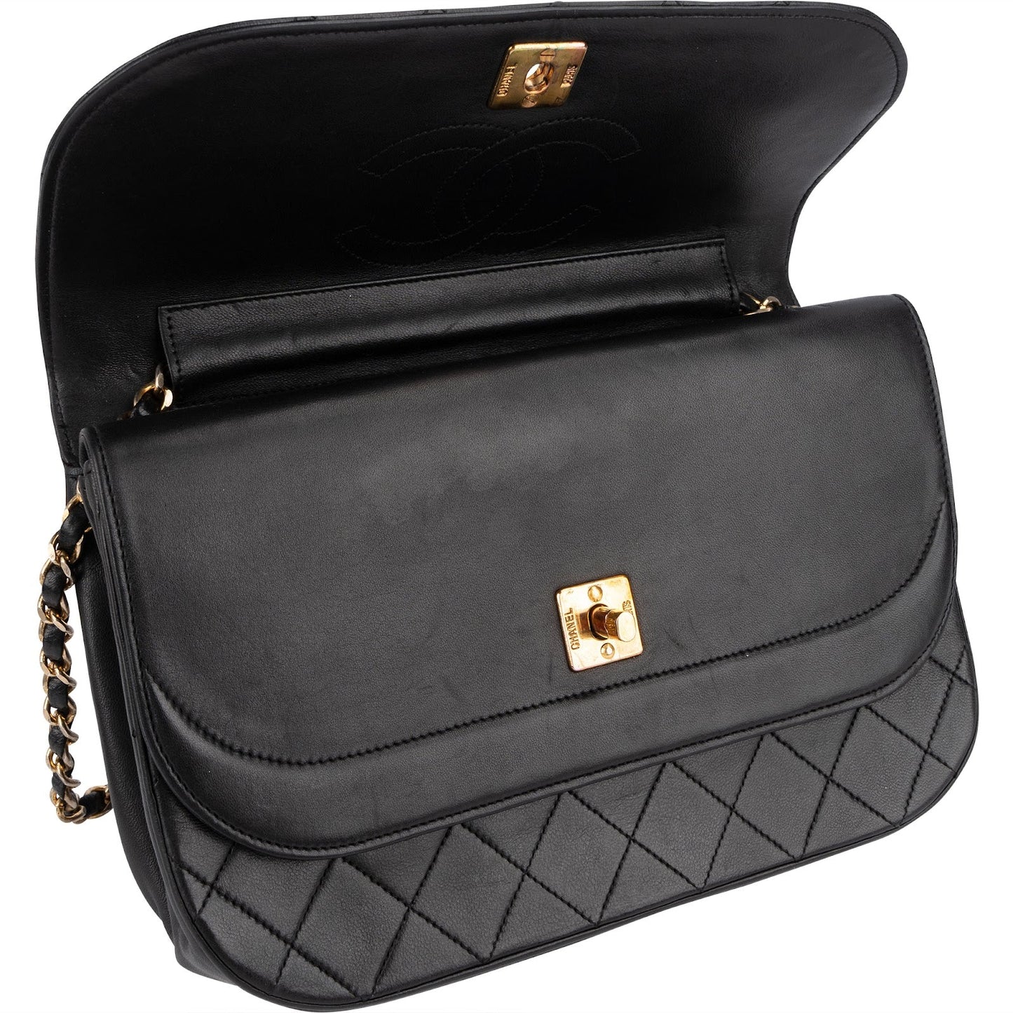 Chanel Quilted Lambskin Half Moon 24K Gold Double Flap Shoulder Bag