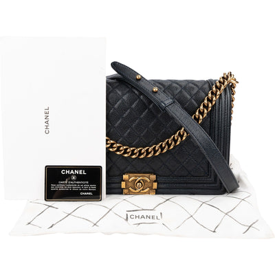 Chanel Quilted Navy Caviar Leather Large Boy Single Flap Crossbody Bag