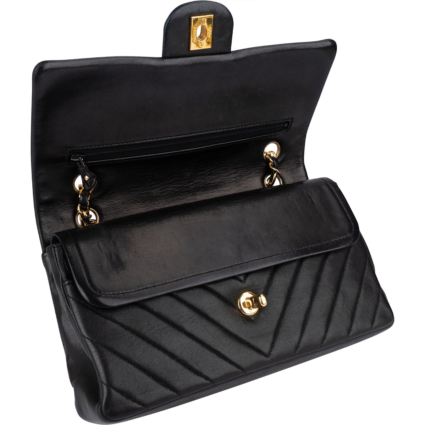 Chanel Quilted Lambskin Chevron Medium 24K Gold Double Flap Shoulder Bag