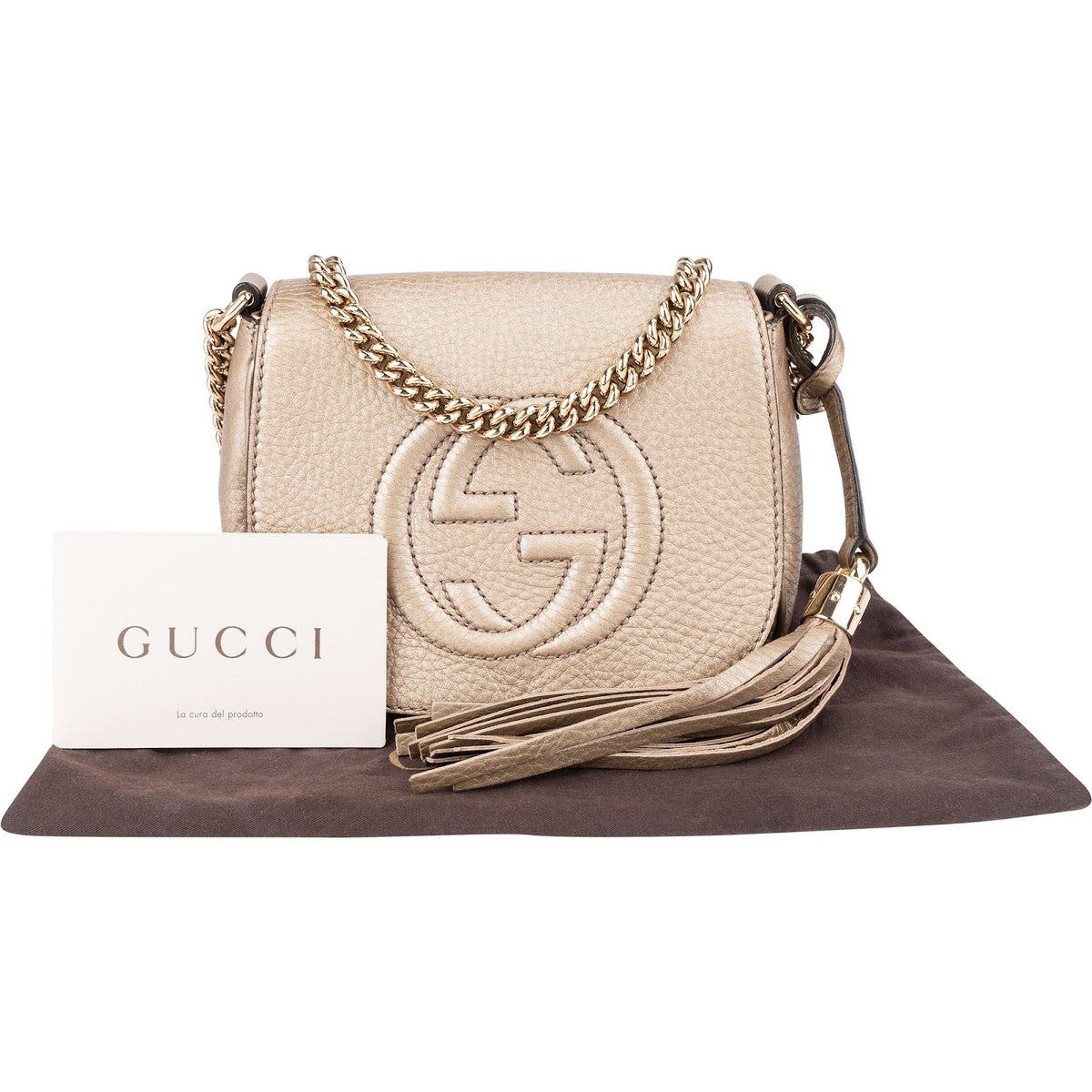 Gucci Soho Mini Saddle aus genarbtem Metallic-Leder – Ansicht 2
