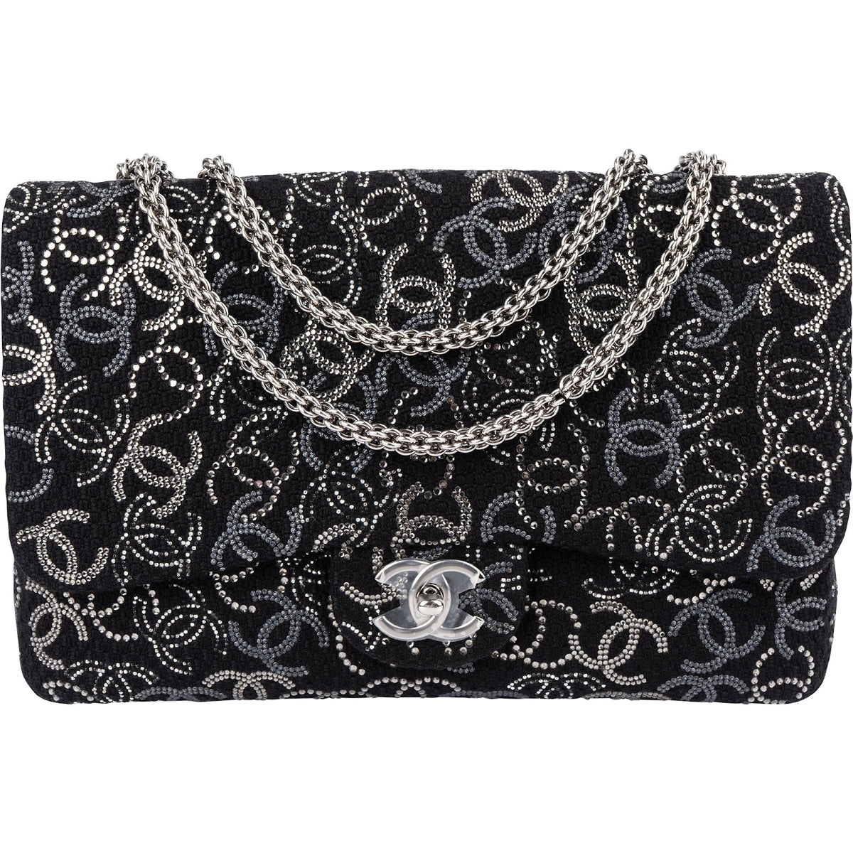 Chanel Sequin CC Jumbo Double Flap aus Tweed – Vorderansicht