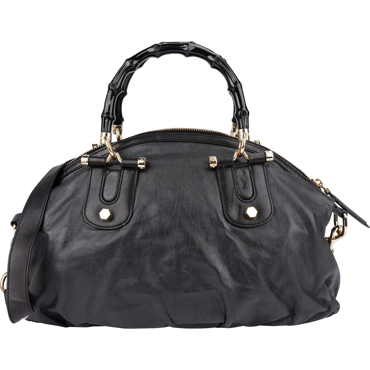 Gucci Black Leather New Bamboo Top Handle Bowling Handbag