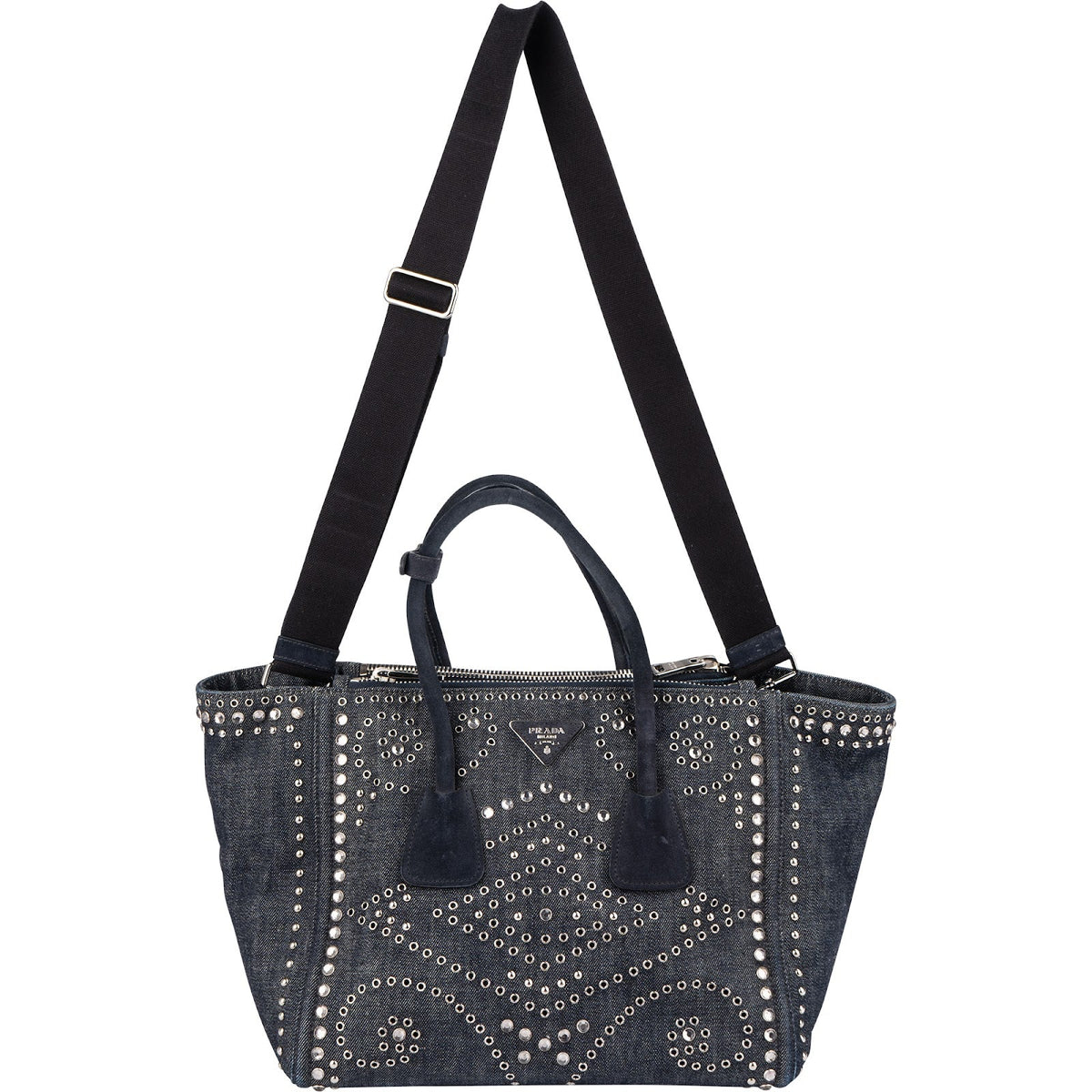 Prada Shopper aus perforiertem Denim mit Nieten – Ansicht 7
