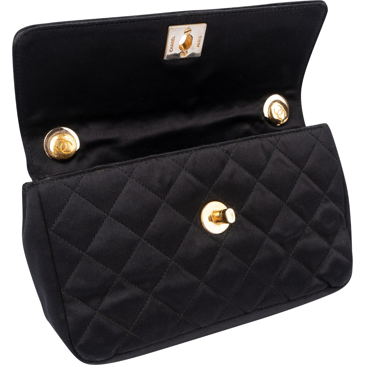 Chanel Black Quilted Satin 24K Gold Mini Single Flap Crossbody Bag