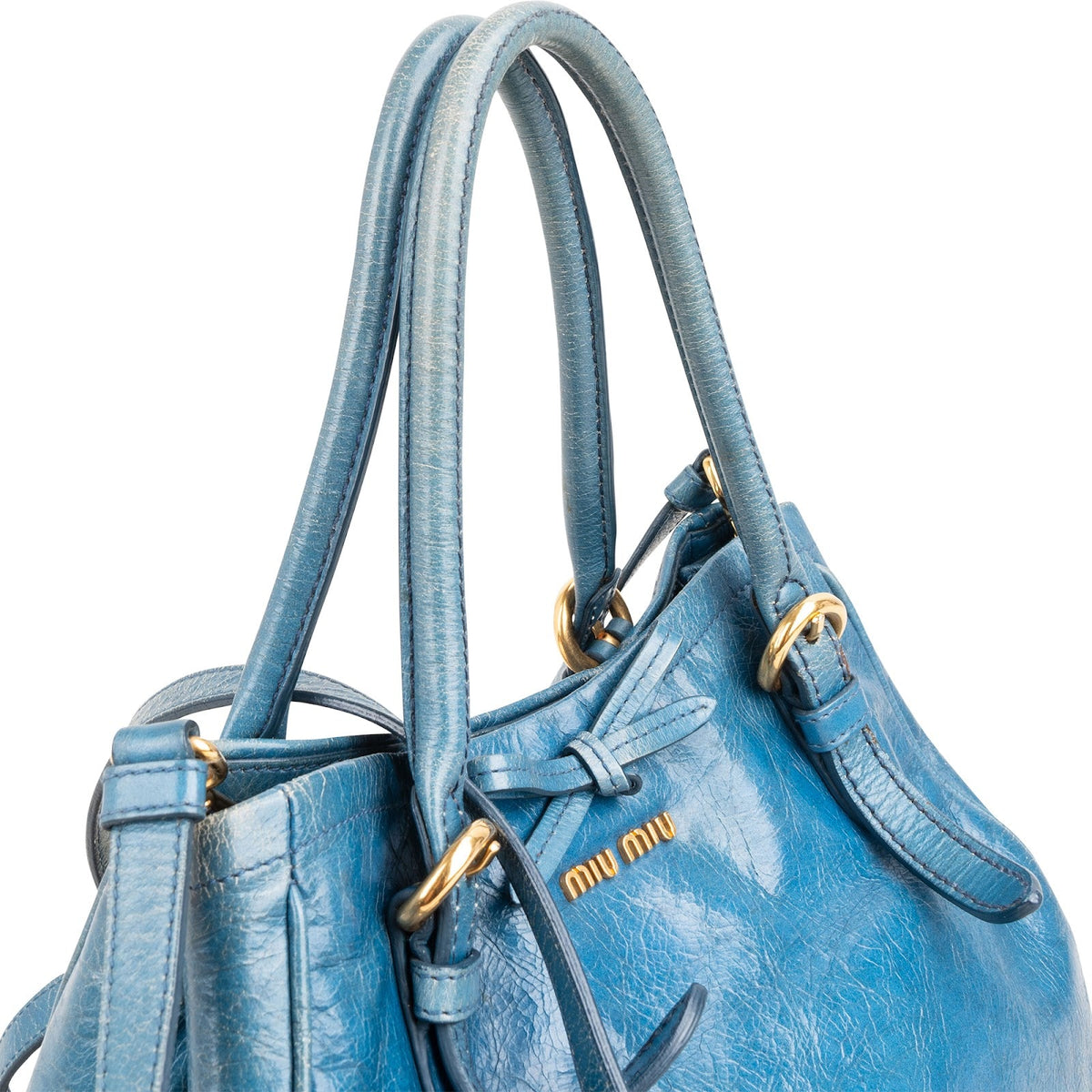 Miu Miu Blue Vitello Lux Leather Small Front Bow Handbag