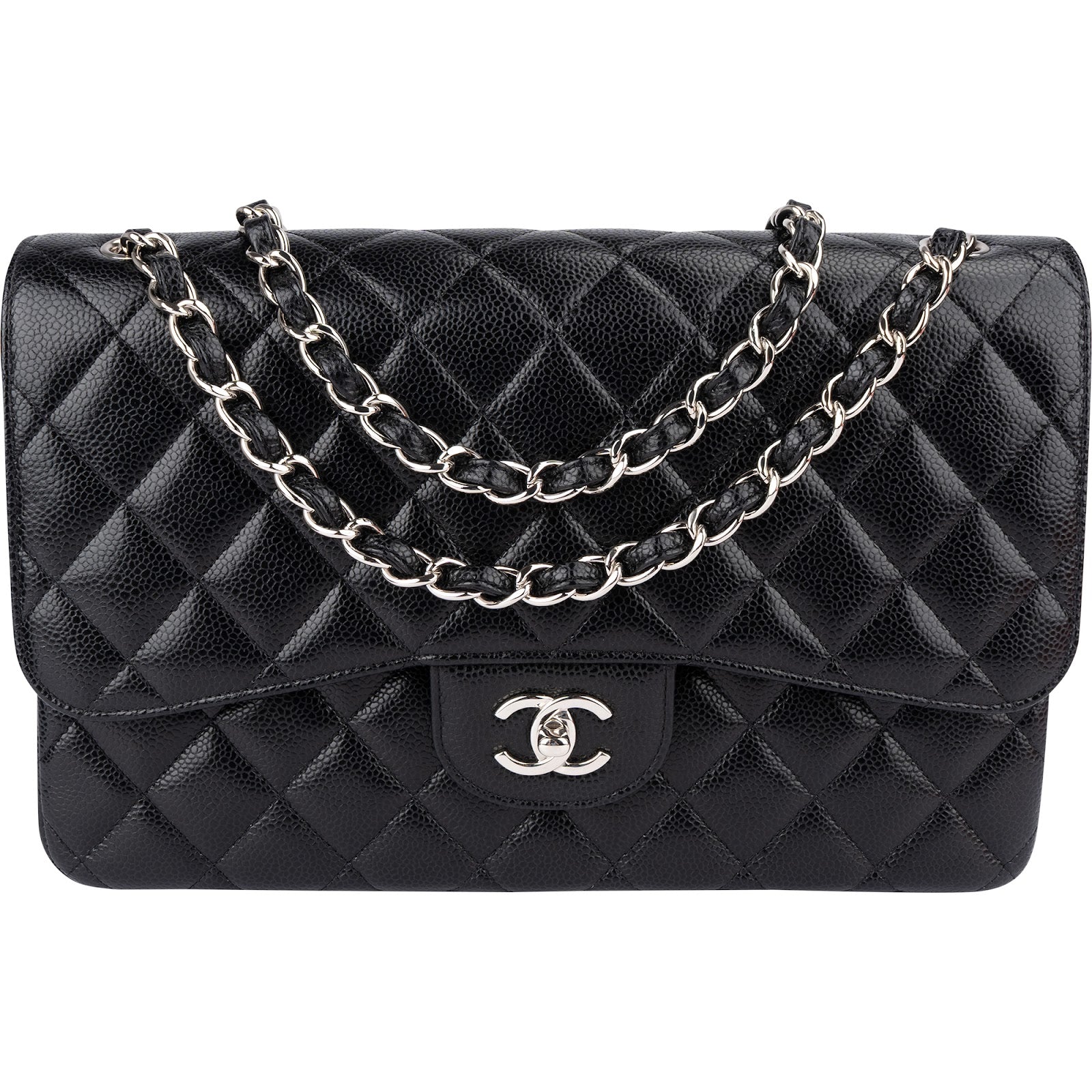 Chanel Quilted Caviar Leather Palladium Jumbo Double Flap Crossbody Bag