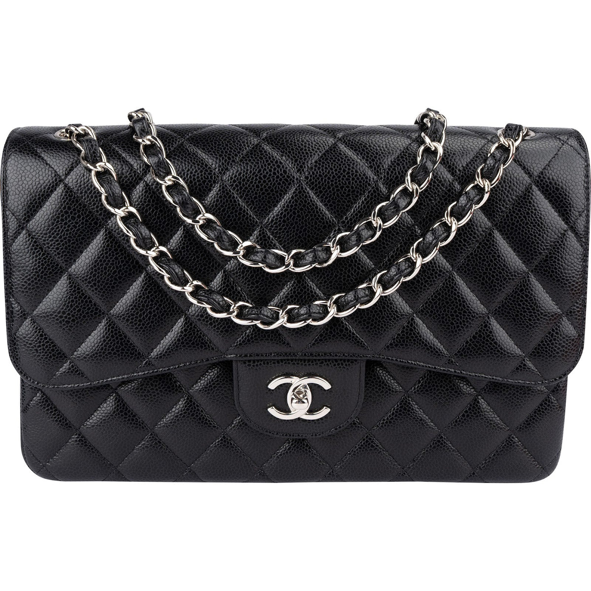 Chanel Quilted Caviar Leather Palladium Jumbo Double Flap Crossbody Bag