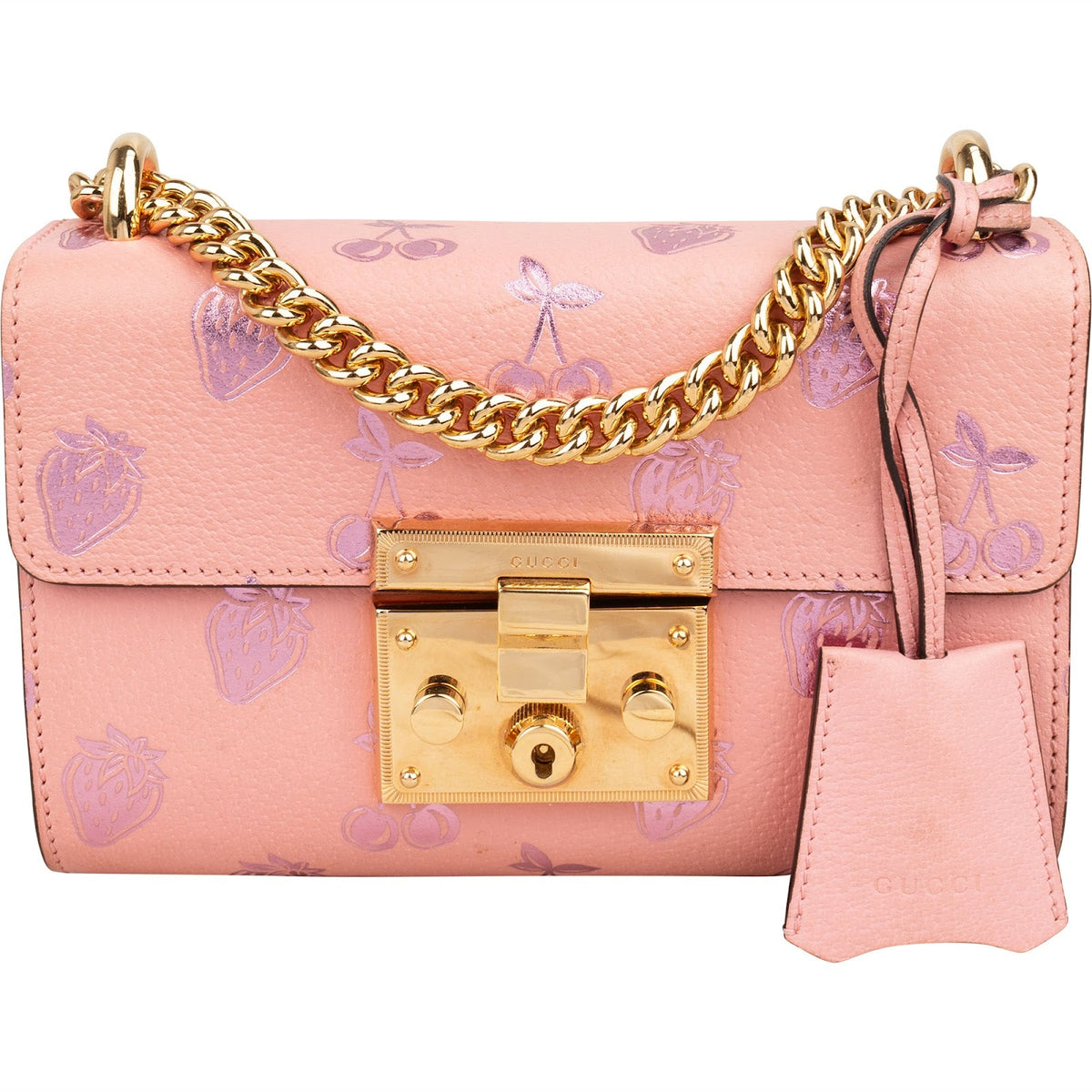 Gucci Pink Leather Glitter Embossed Fruits Small Padlock Crossbody Bag