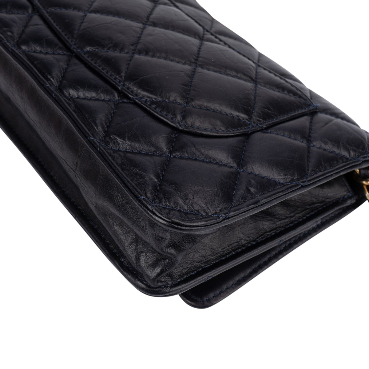 Chanel Quilted Crinkled Navy Lambskin 2.55 Reissue Wallet On Chain Crossbody Bag