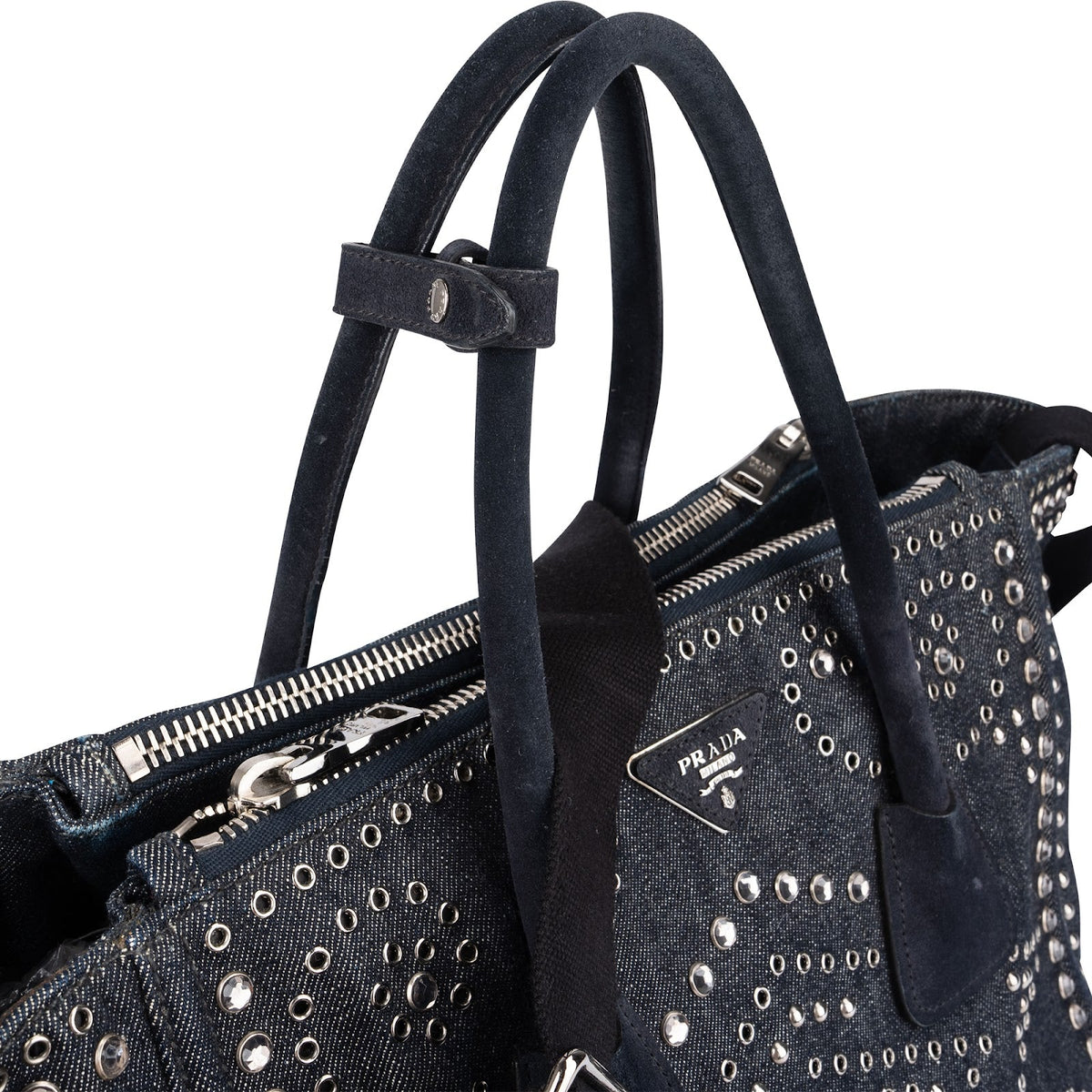 Prada Shopper aus perforiertem Denim mit Nieten – Ansicht 3