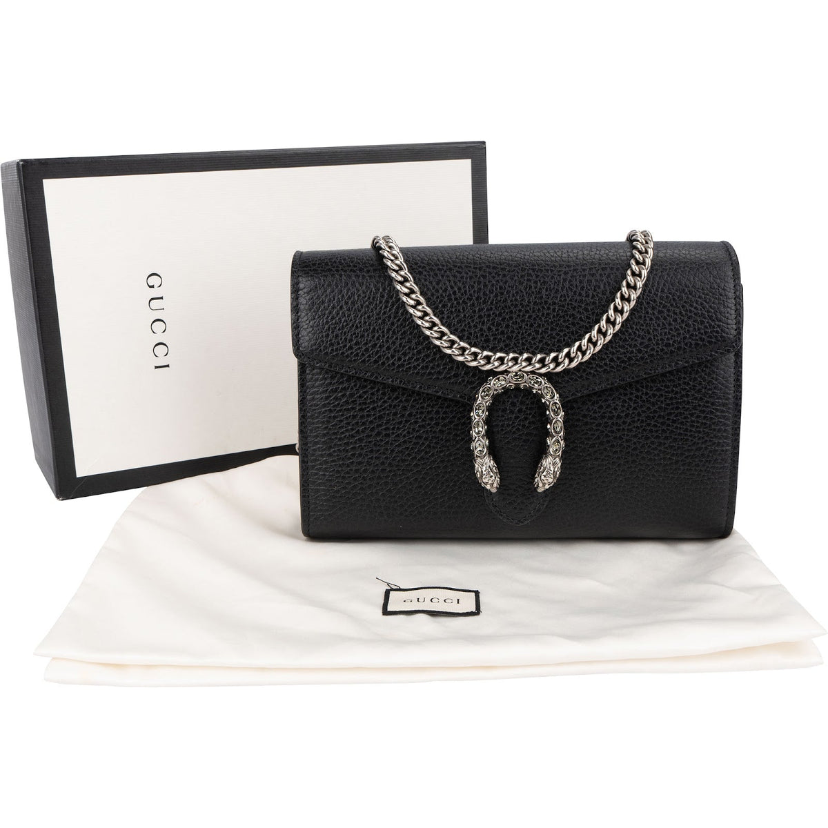 Gucci Grained Leather Crystal Dionysus Mini Chain Wallet Crossbody Bag