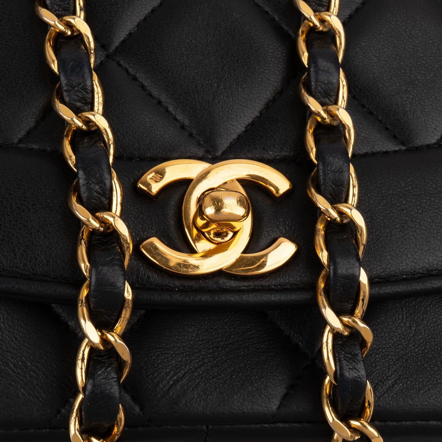 Chanel Quilted Lambskin 24K Gold Diana Single Flap Crossbody Bag
