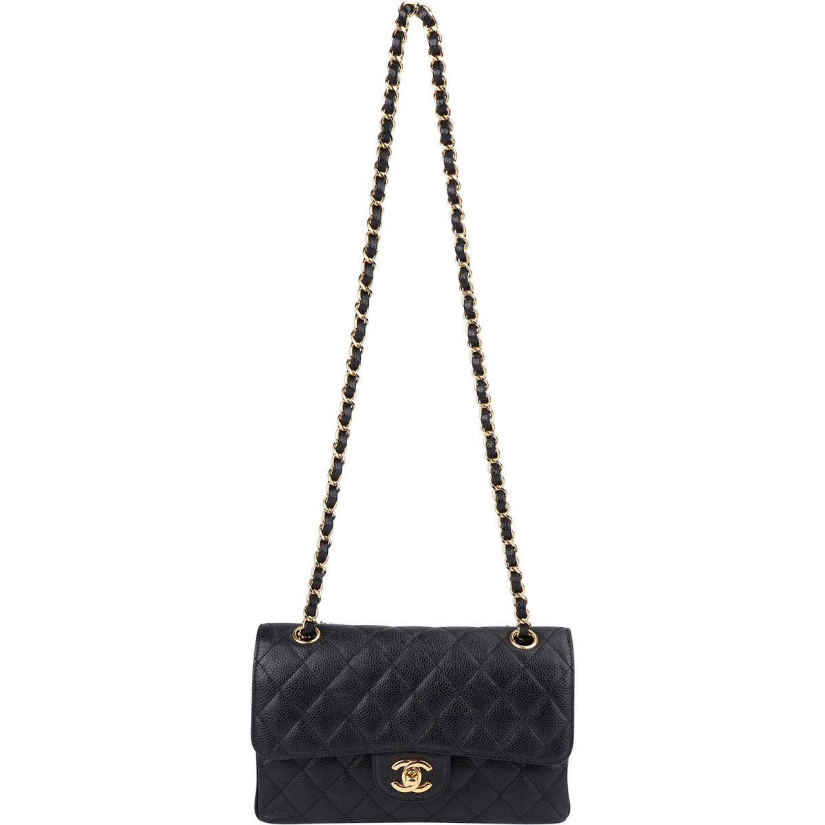 Chanel Quilted Caviar Leather Gold Small Double Flap Shoulder Bag