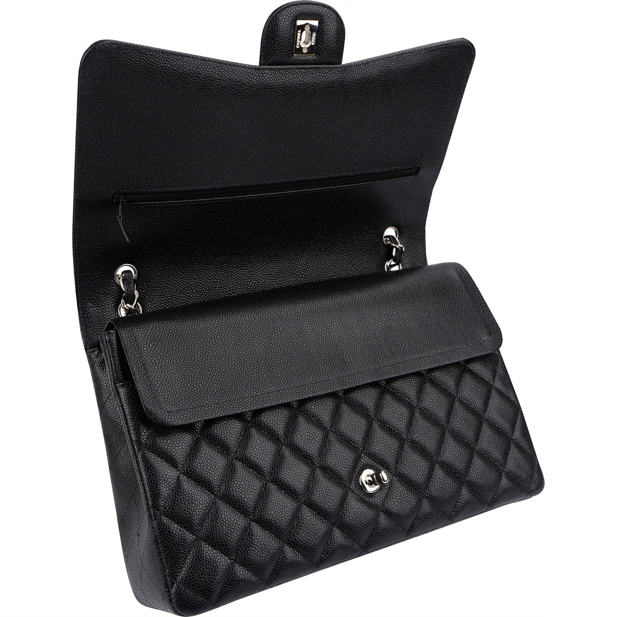 Chanel Quilted Caviar Leather Palladium Maxi Double Flap Crossbody Bag