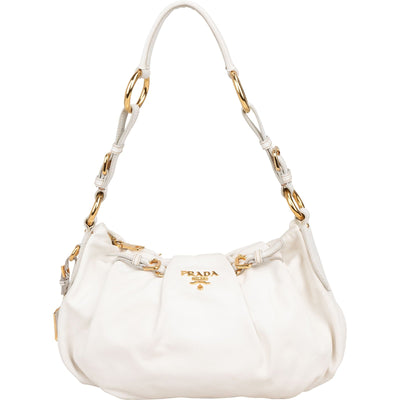 Prada White Soft Calf Leather Ruched Shoulder Bag