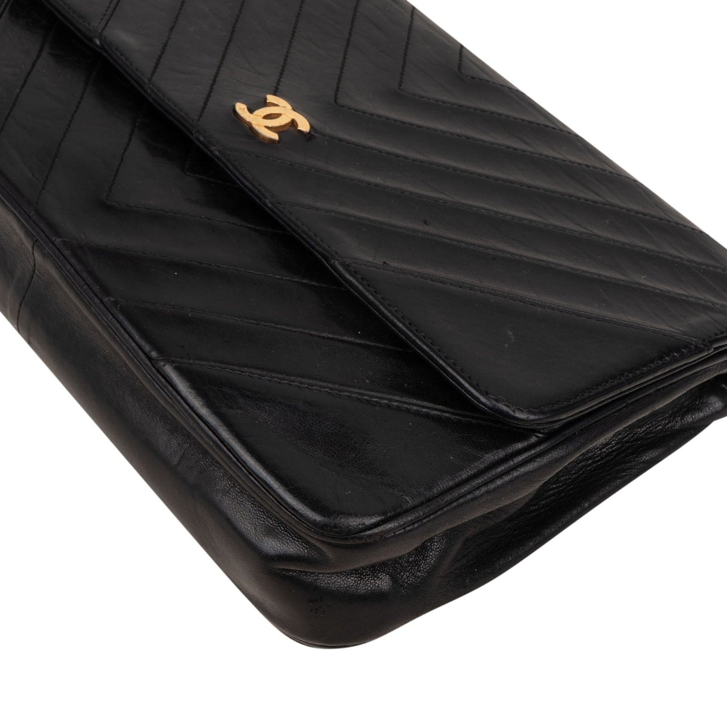Chanel Chevron Lambskin 24K Gold Single Flap Shoulder Bag
