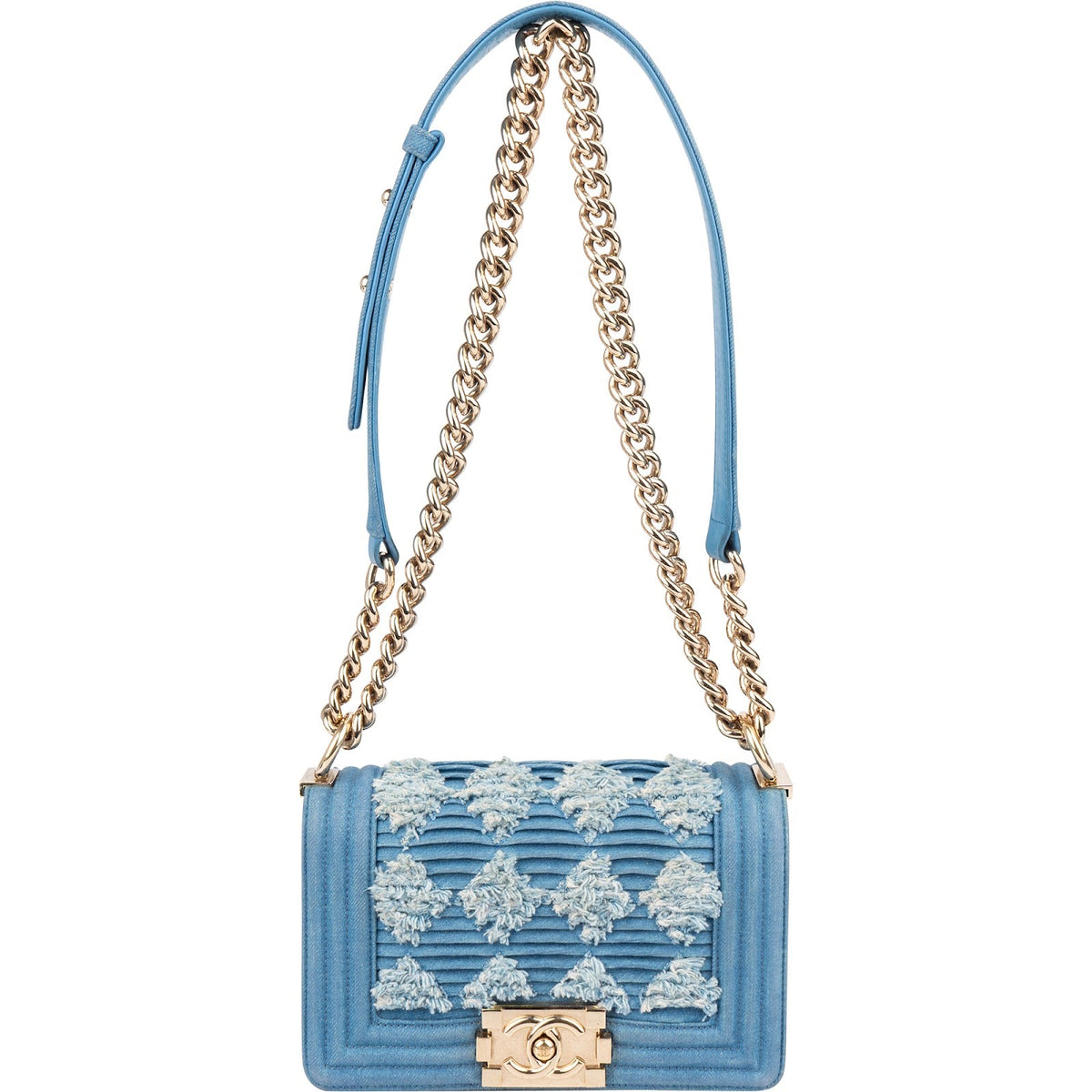 Chanel Denim Frayed Chevron Pleated Small Boy Crossbody Bag