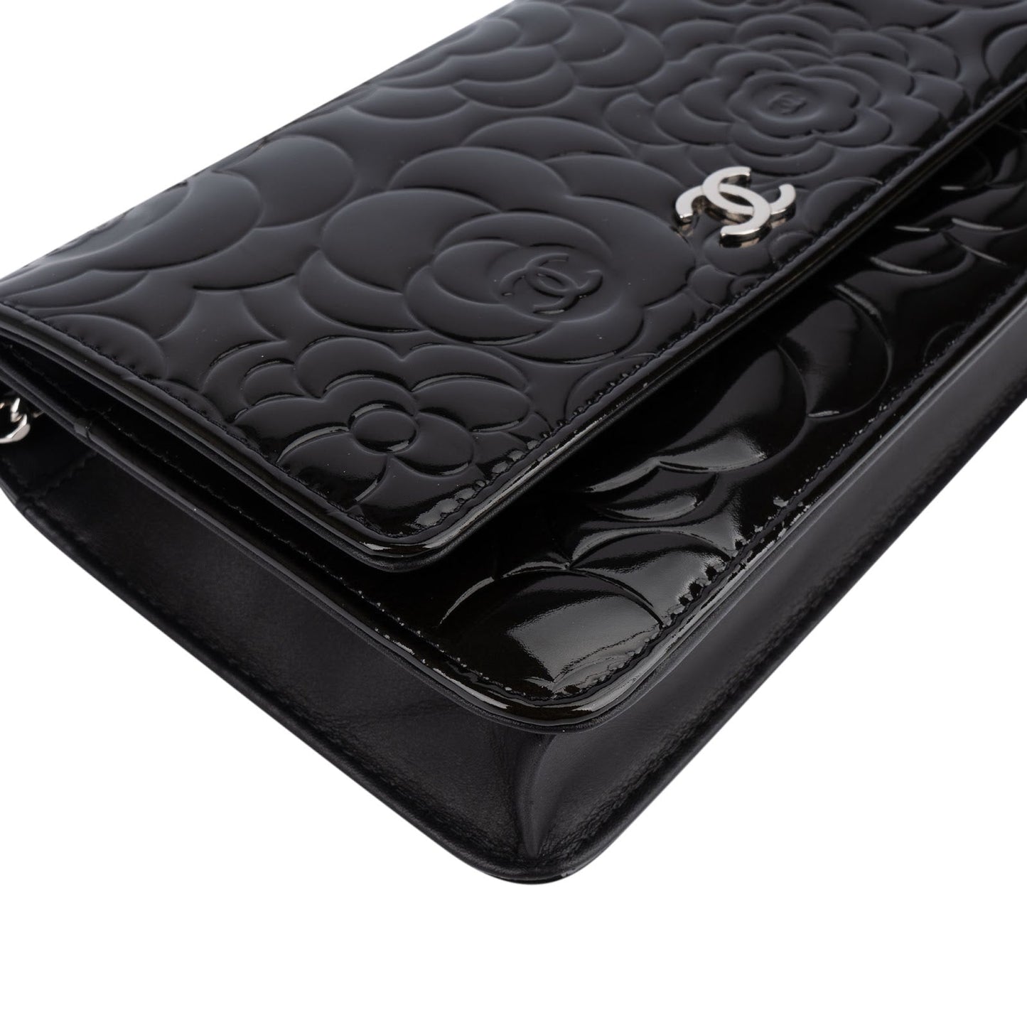 Chanel Patent Embossed Leather Camellia Wallet On Chain Crossbody Bag