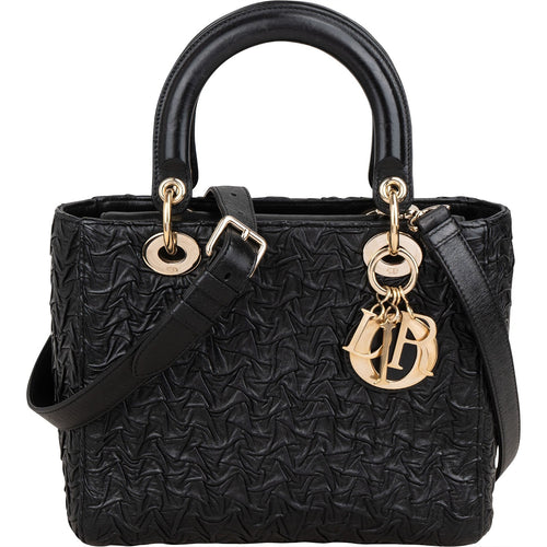Christian Dior Black Crinkled Lambskin Small Lady Dior Handbag