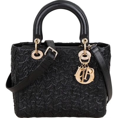 Christian Dior Black Crinkled Lambskin Small Lady Dior Handbag