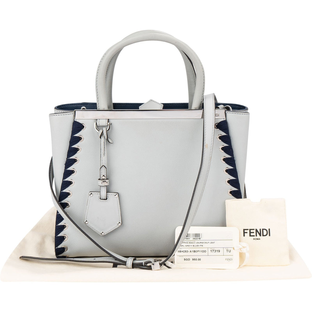 Fendi Blue Leather FF 2Jours Whipstitch Tote Handbag