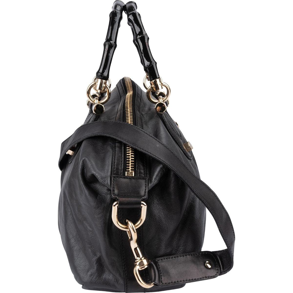 Gucci Black Leather New Bamboo Top Handle Bowling Handbag