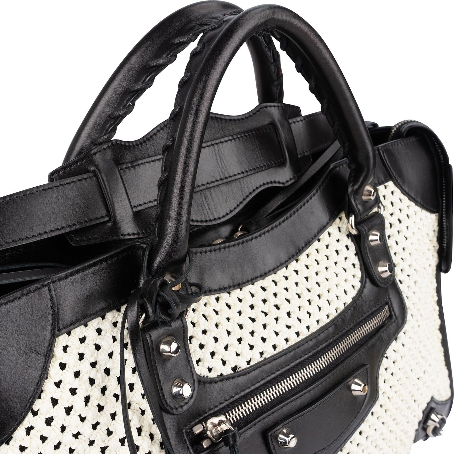 Balenciaga Black and White Raffia and Leather City Handbag