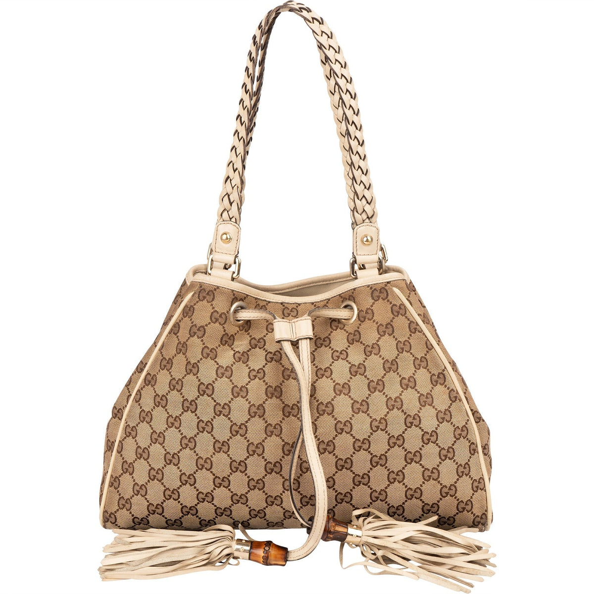 Gucci Monogram GG Canvas Bamboo Tassel Tote Shoulder Bag
