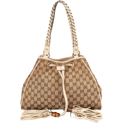 Gucci Monogram GG Canvas Bamboo Tassel Tote Shoulder Bag