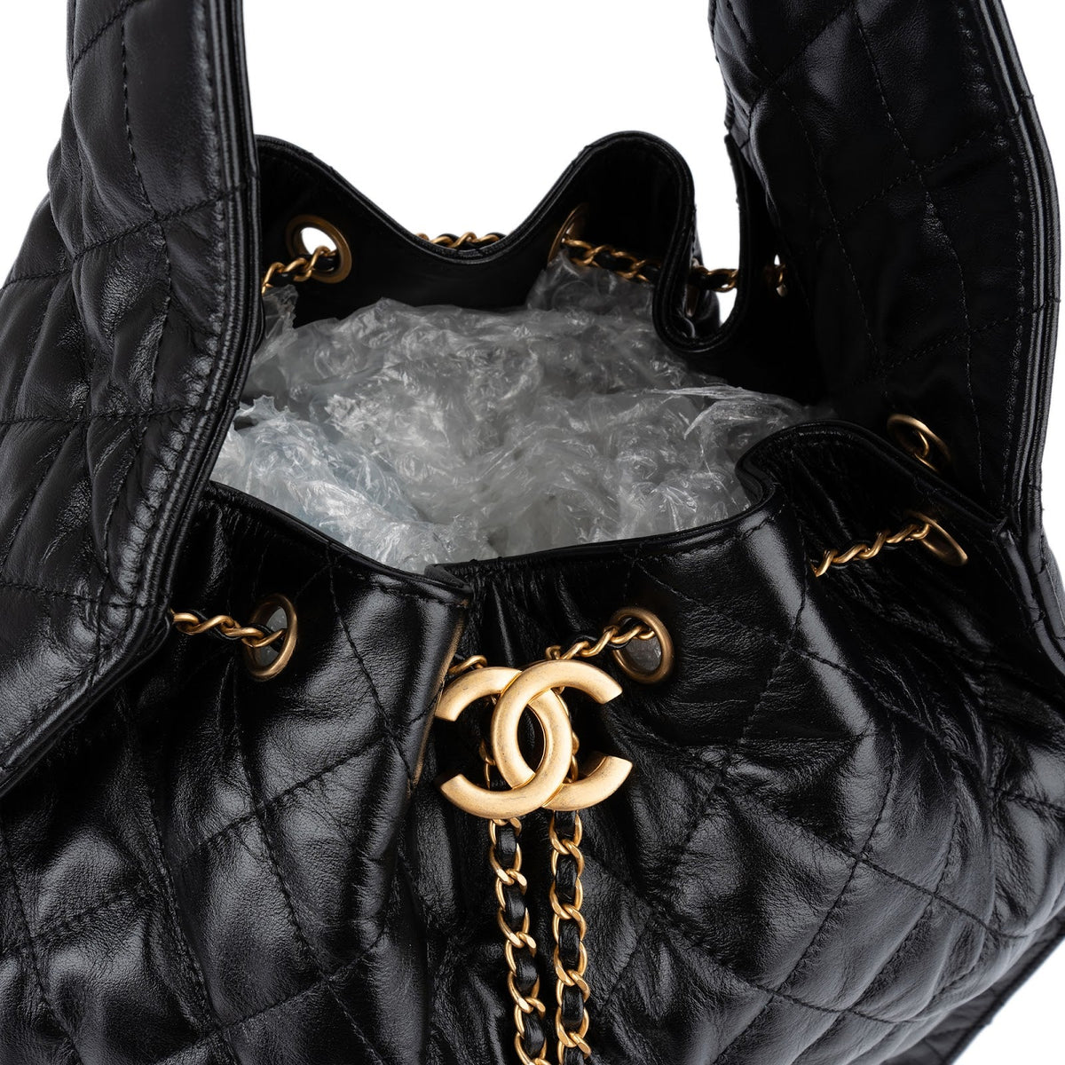 Chanel 25 Quilted Lambskin Drawstring Bucket Shoulder Bag Medium