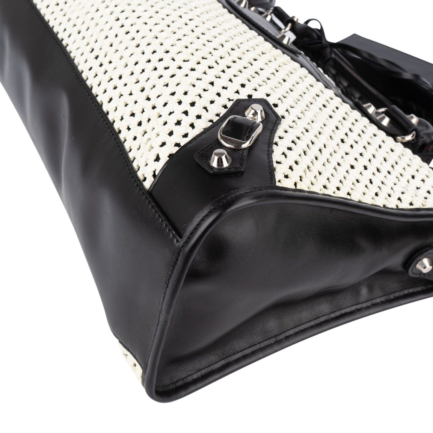 Balenciaga Black and White Raffia and Leather City Handbag