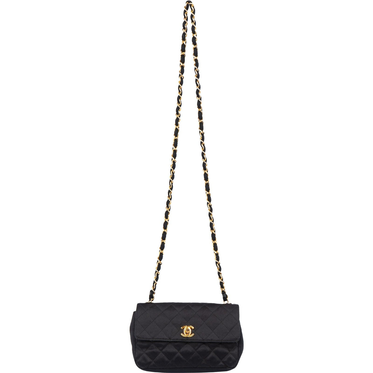 Chanel Black Quilted Satin 24K Gold Mini Single Flap Crossbody Bag