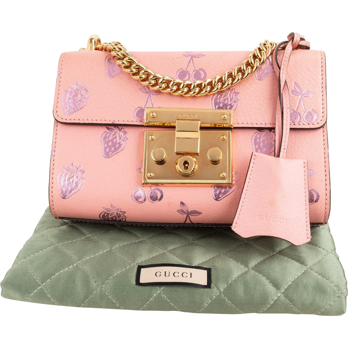 Gucci Pink Leather Glitter Embossed Fruits Small Padlock Crossbody Bag