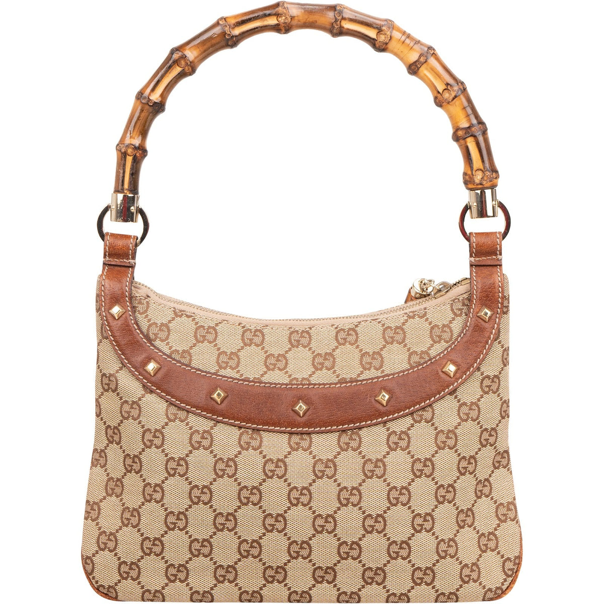 Gucci Monogram GG Bamboo Handle Studded Hobo Handbag