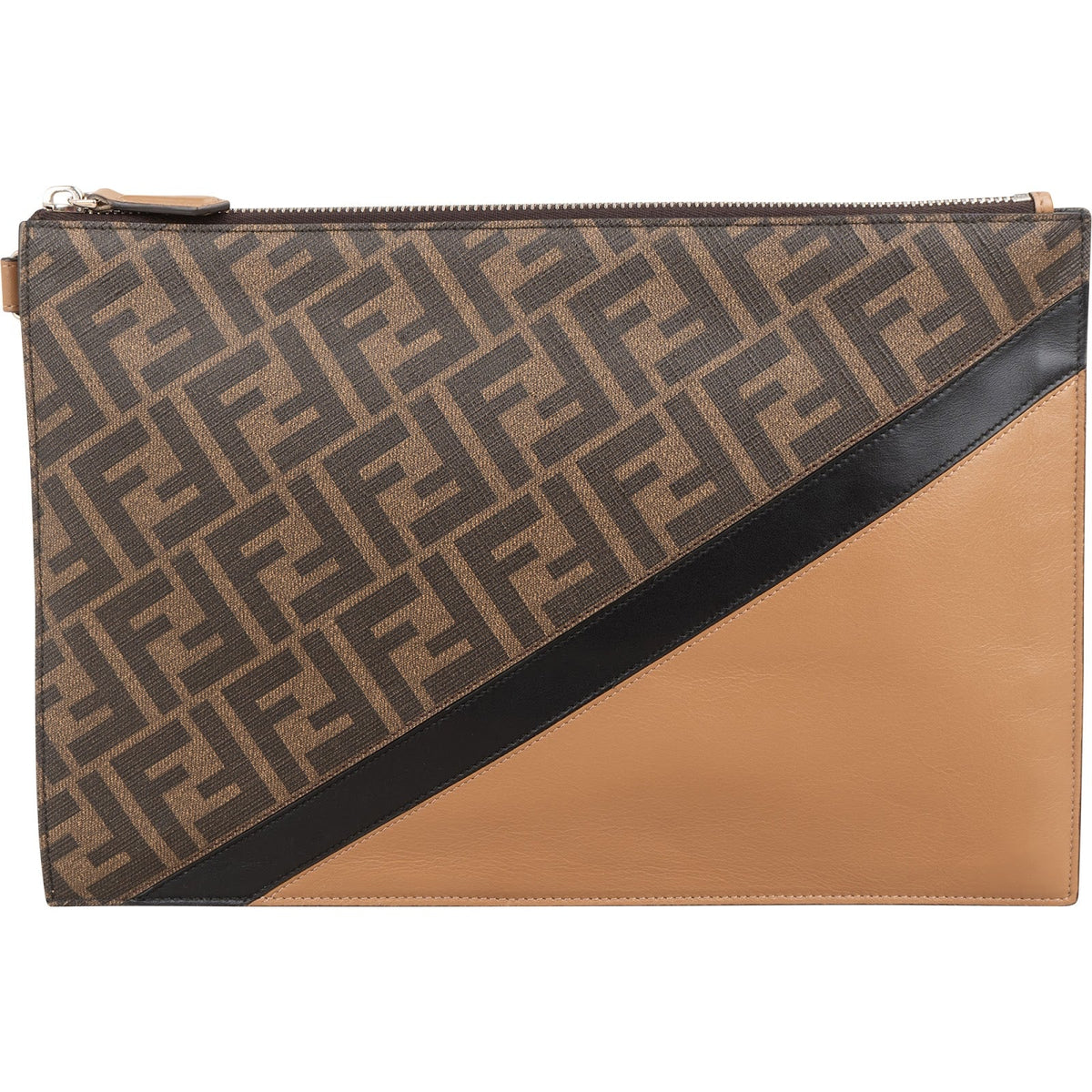 Fendi FF Canvas Bicolor Flat Pouch aus Canvas und Kalbsleder – Vorderansicht