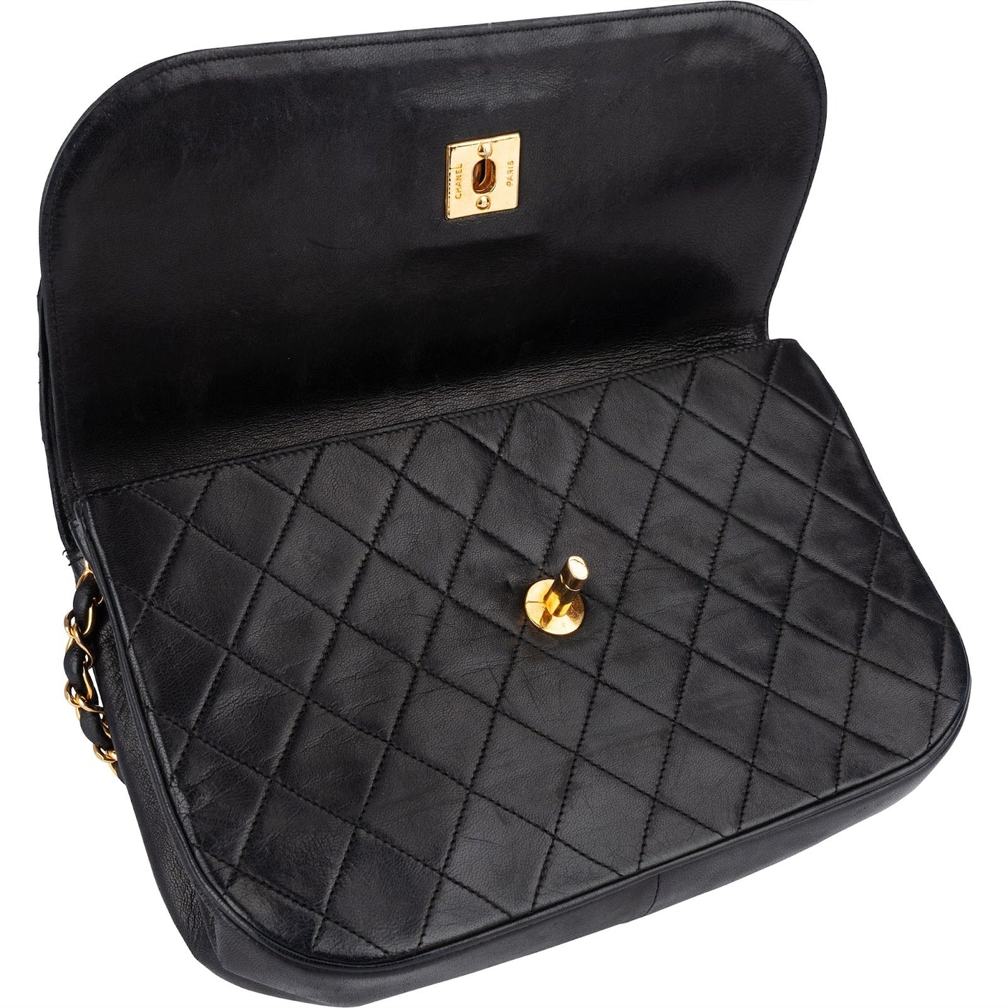 Chanel Quilted Lambskin 24K Gold Half Moon Single Flap Shoulder Bag