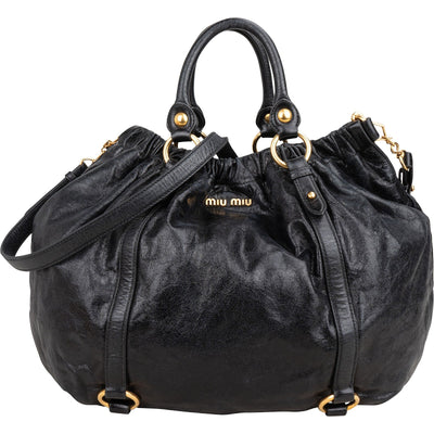 Miu Miu Black Vitello Lux Leather Gathered Satchel Hobo Handbag